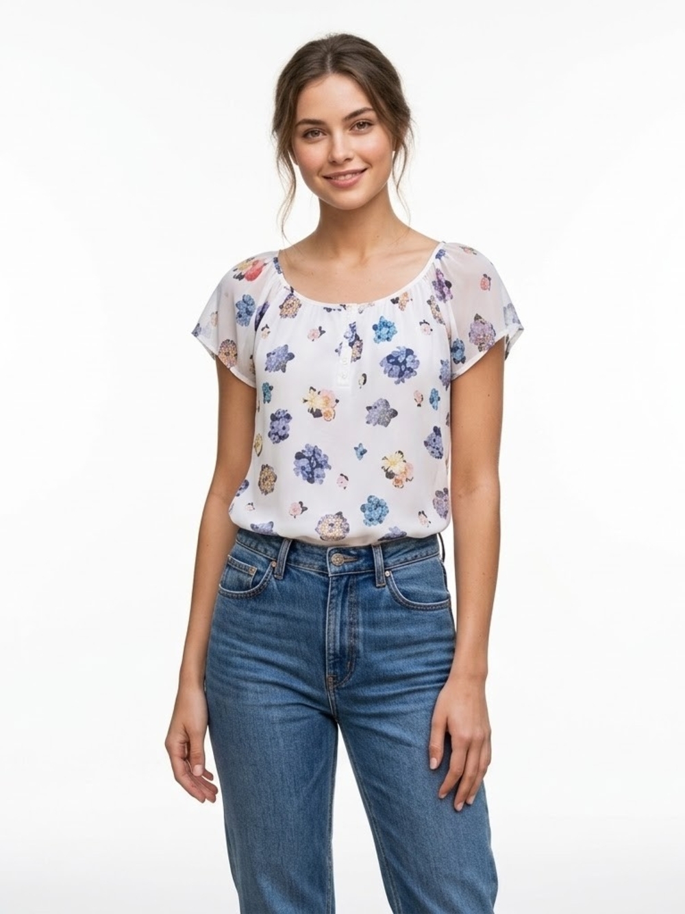 TWIK Pastel Floral XL Cap Sleeves Peasant Style Top Feminine Lightweight Spring